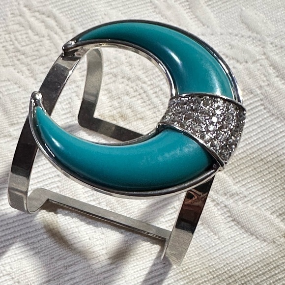 CUFF BRACELET Horn Shape Silver-Tone Pave Crystal Glass Faux Turquoise 5494 P - Picture 7 of 11